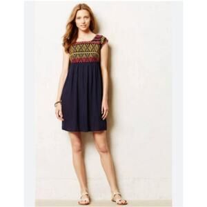 Anthropologie Edme & Esyllte Women Aztec Embroidered A-Line Dress Blue SZ Medium